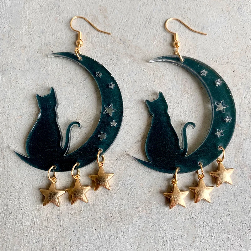 Cat on the Crescent Moon Earrings