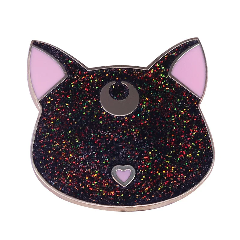 Crescent Moon Glitter Cat Pin