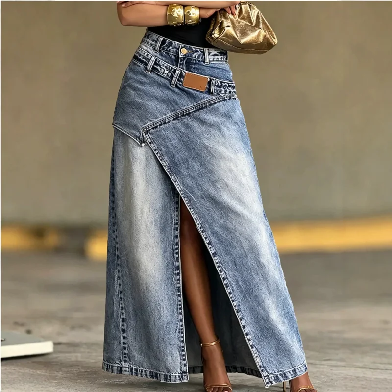 Wrap Front Denim Maxi Skirt