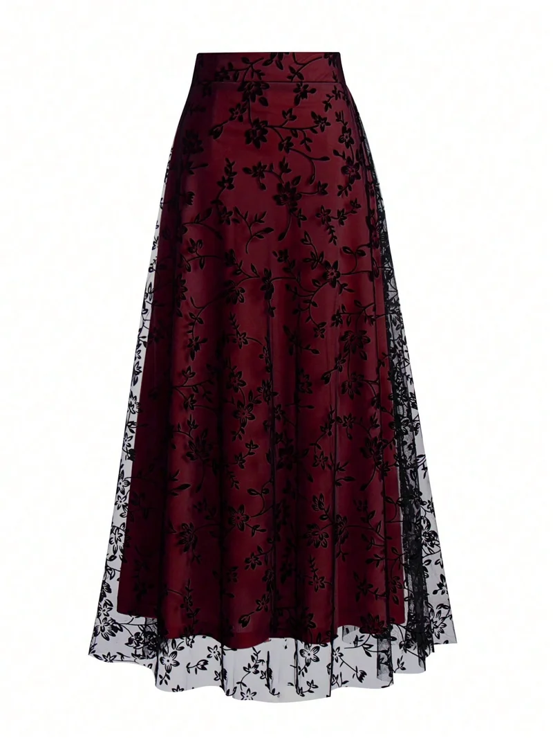 Floral Lace Overlay Maxi Skirt