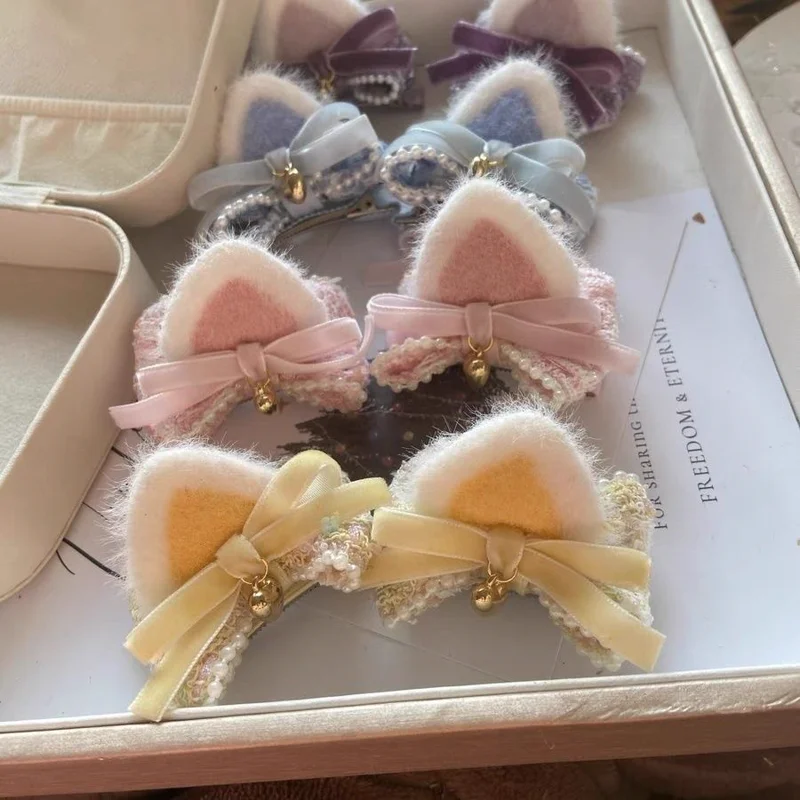 Fuzzy Cat Ear Bow Clip with Bell