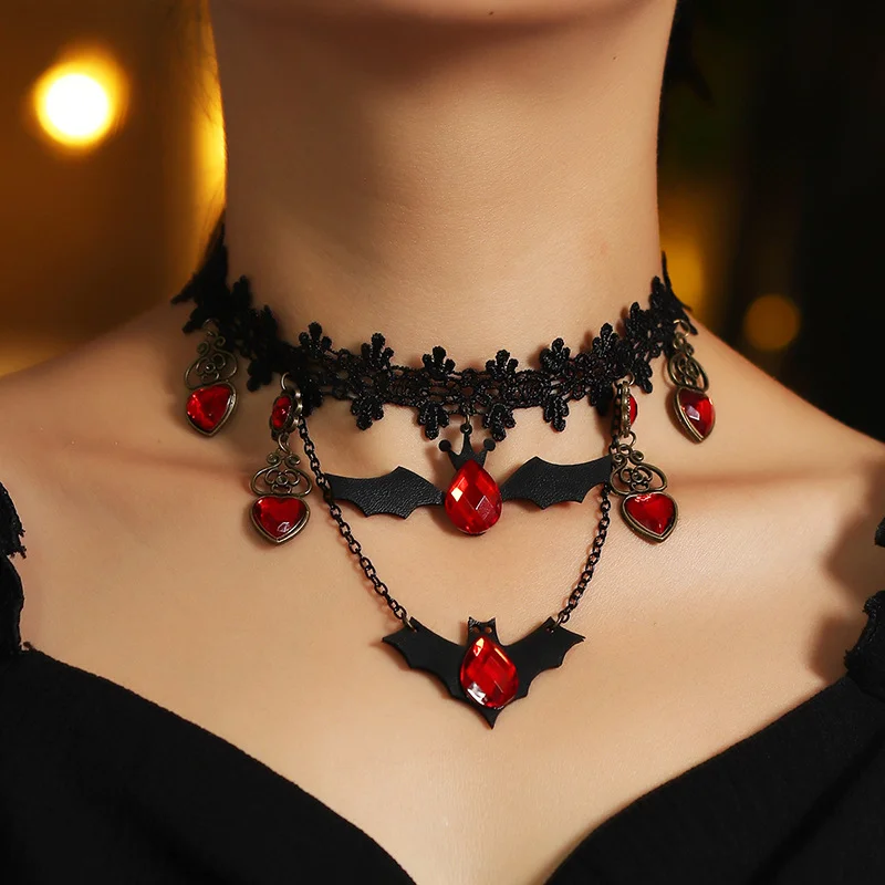 Gothic Red Bat Lace Choker Layered Necklace