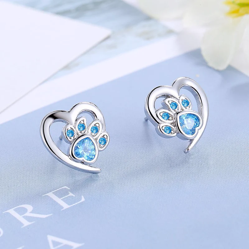 Blue Paw And Heart Stud Earrings