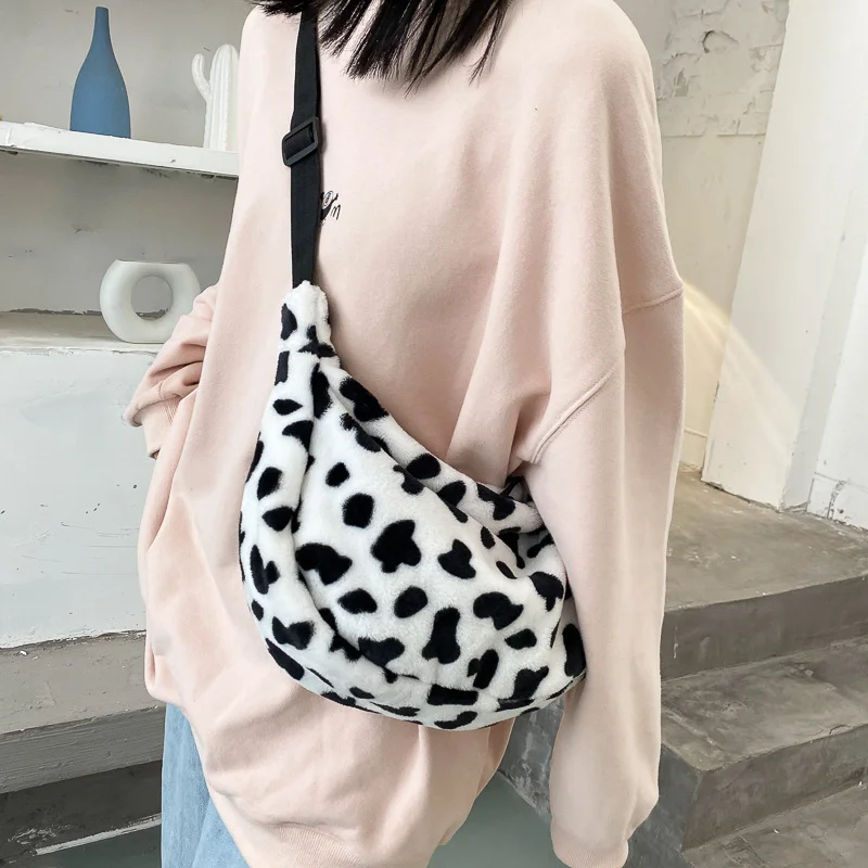 Cow Print Plush Crossbody Bag