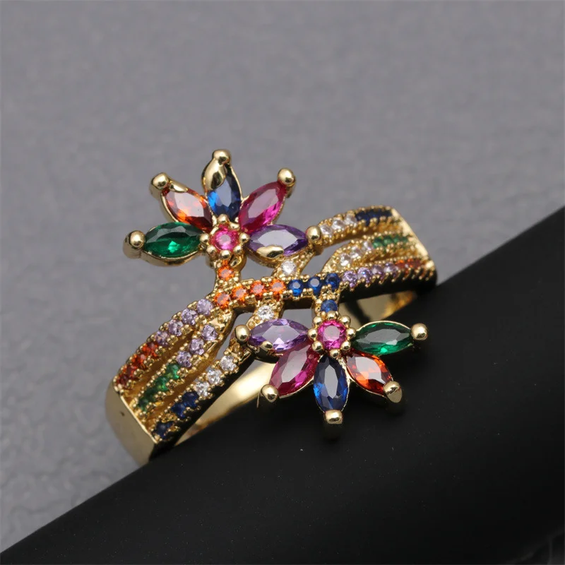 Rainbow Zircon Flower Ring