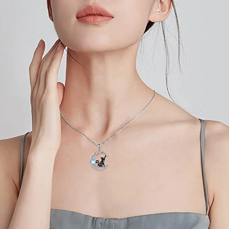 Moon Star Black Cat Pendant Necklace