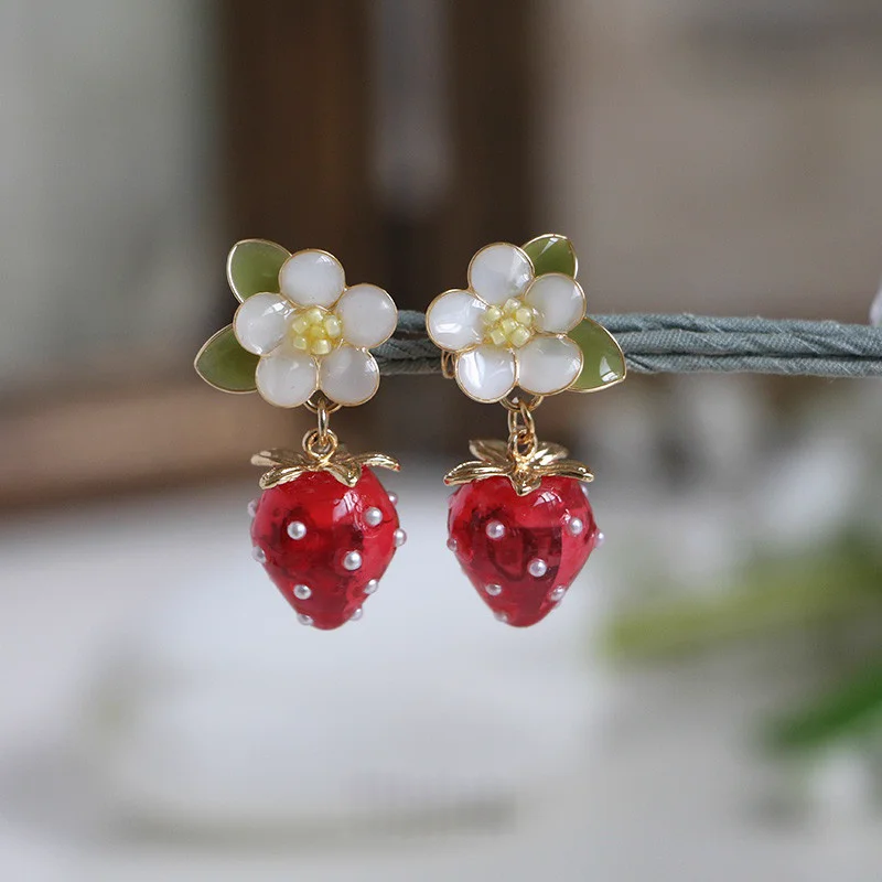 Strawberry And Flower Drop Earrings