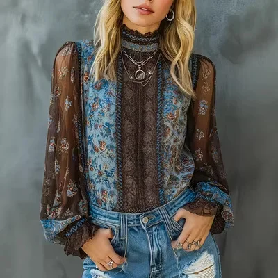 Paisley Print Sheer Sleeve Blouse