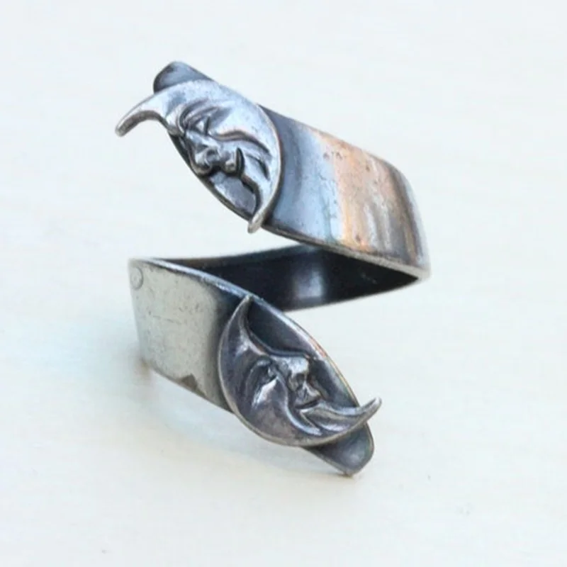 Retro Moon Phase Silver-tone Moon Adjustable Ring