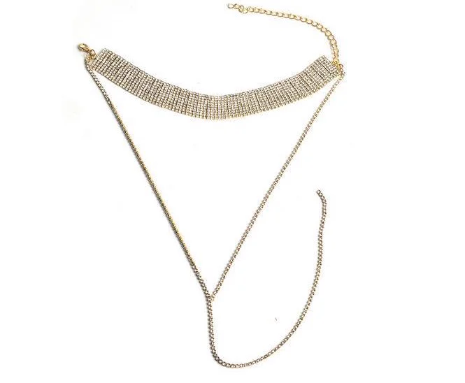 Rhinestone Choker With Drop Chain