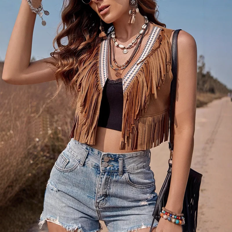 Brown Fringe Cropped Vest