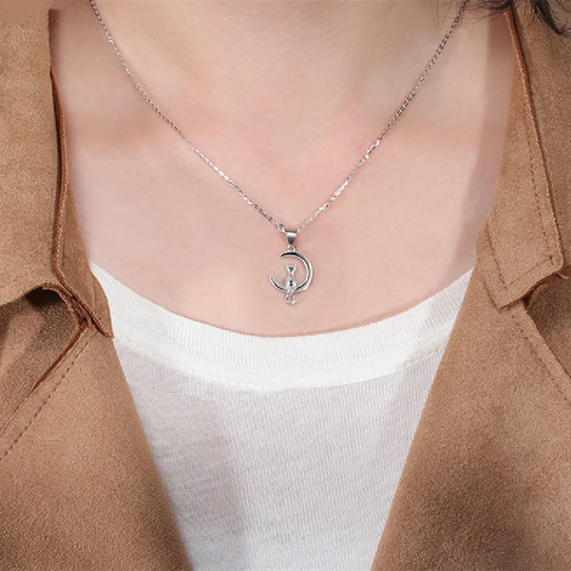 Silver-Tone Moon Cat Necklace