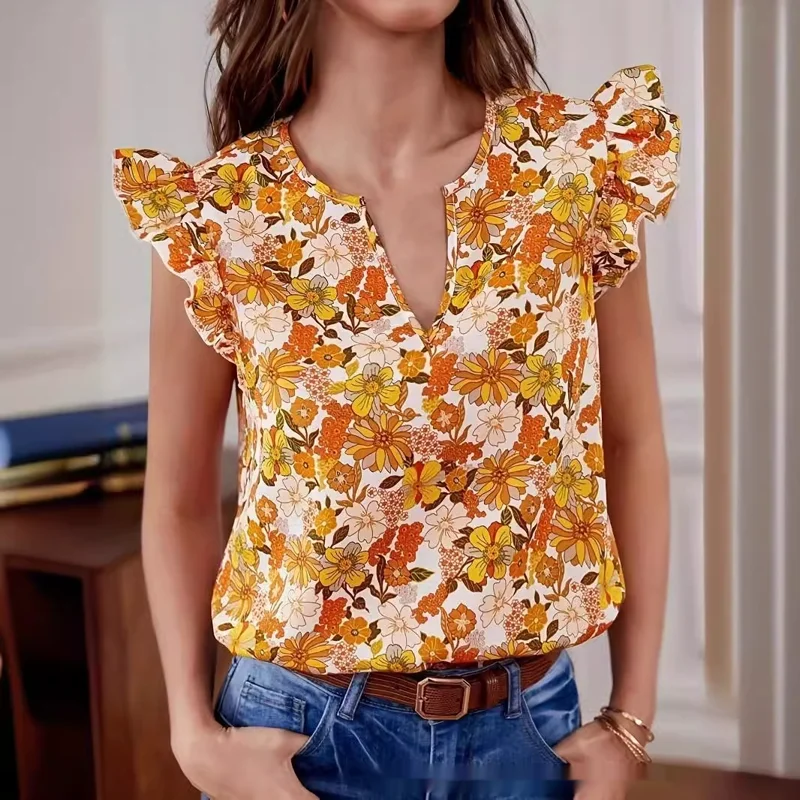Orange Floral Ruffle Sleeve Blouse