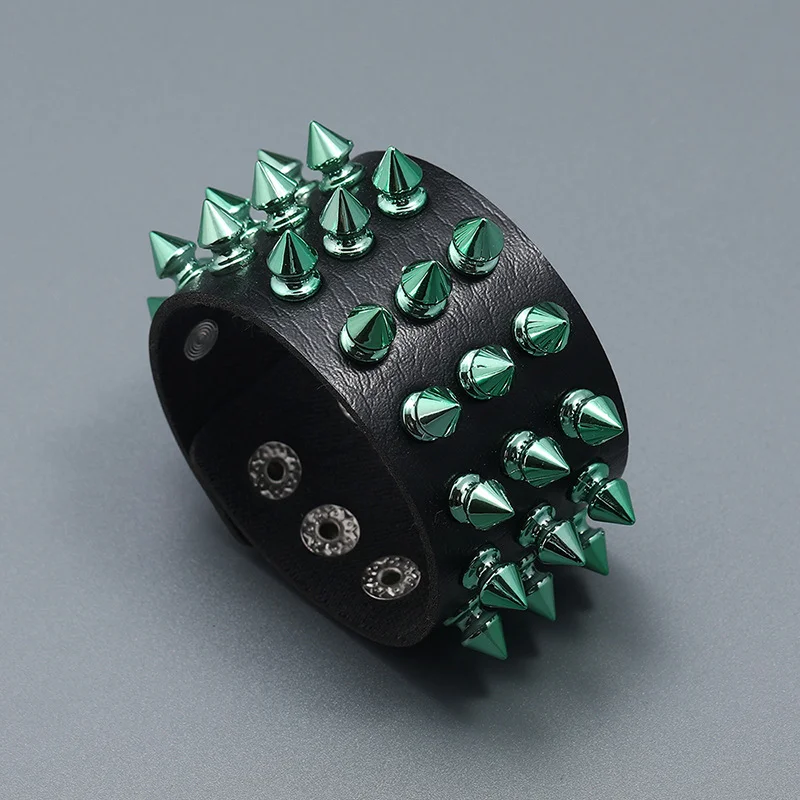 Green Spike Leather Cuff