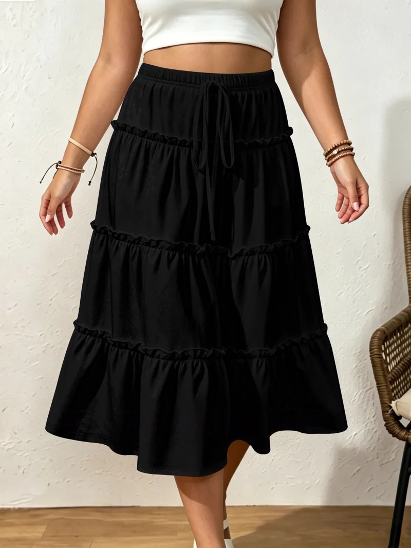Tiered Drawstring Midi Skirt