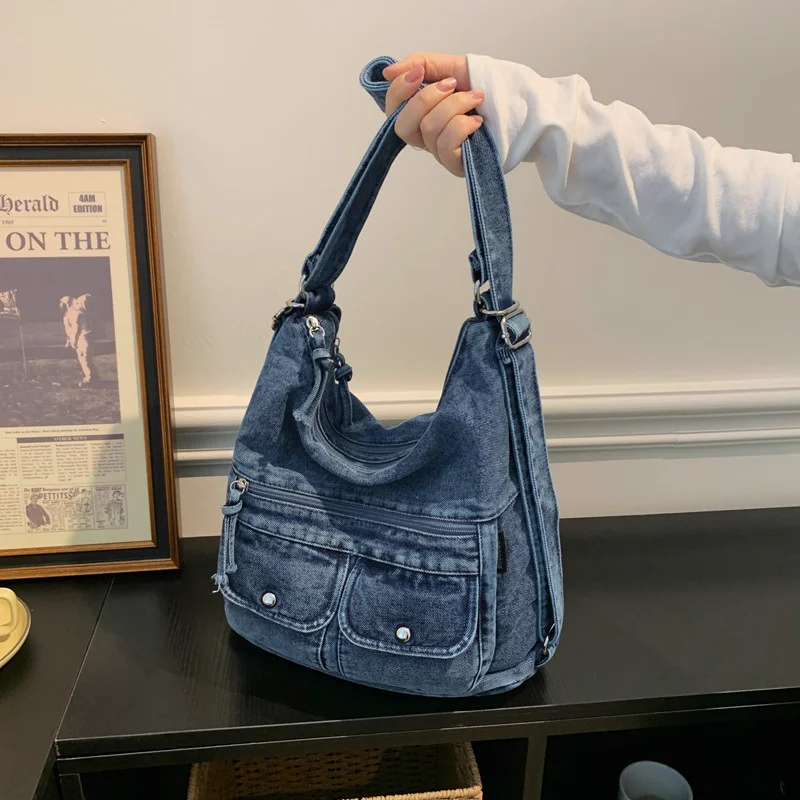 Washed Denim Pocket Shoulder Bag