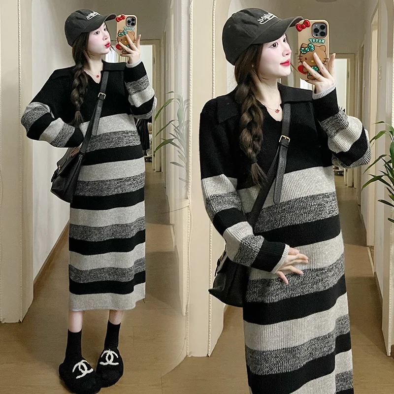 Striped Collar Knit Midi Dress